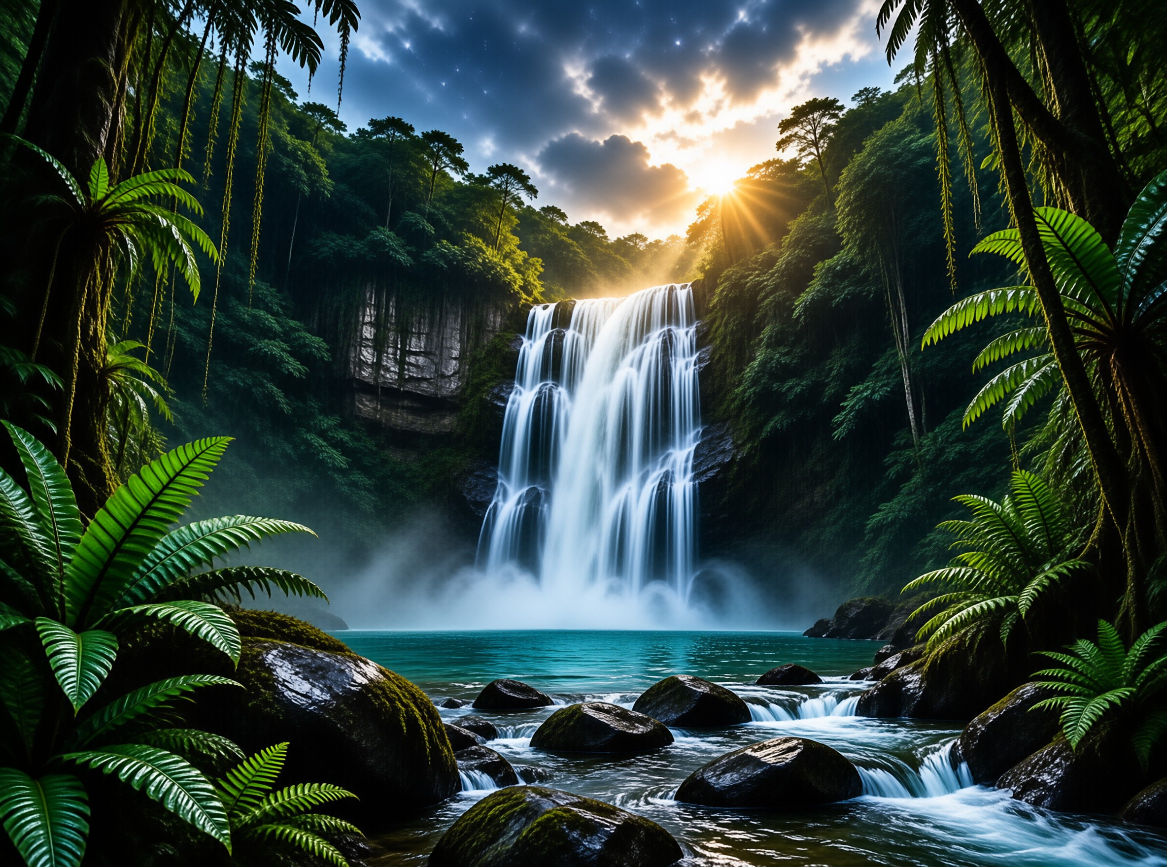 Sunlit Jungle Waterfall