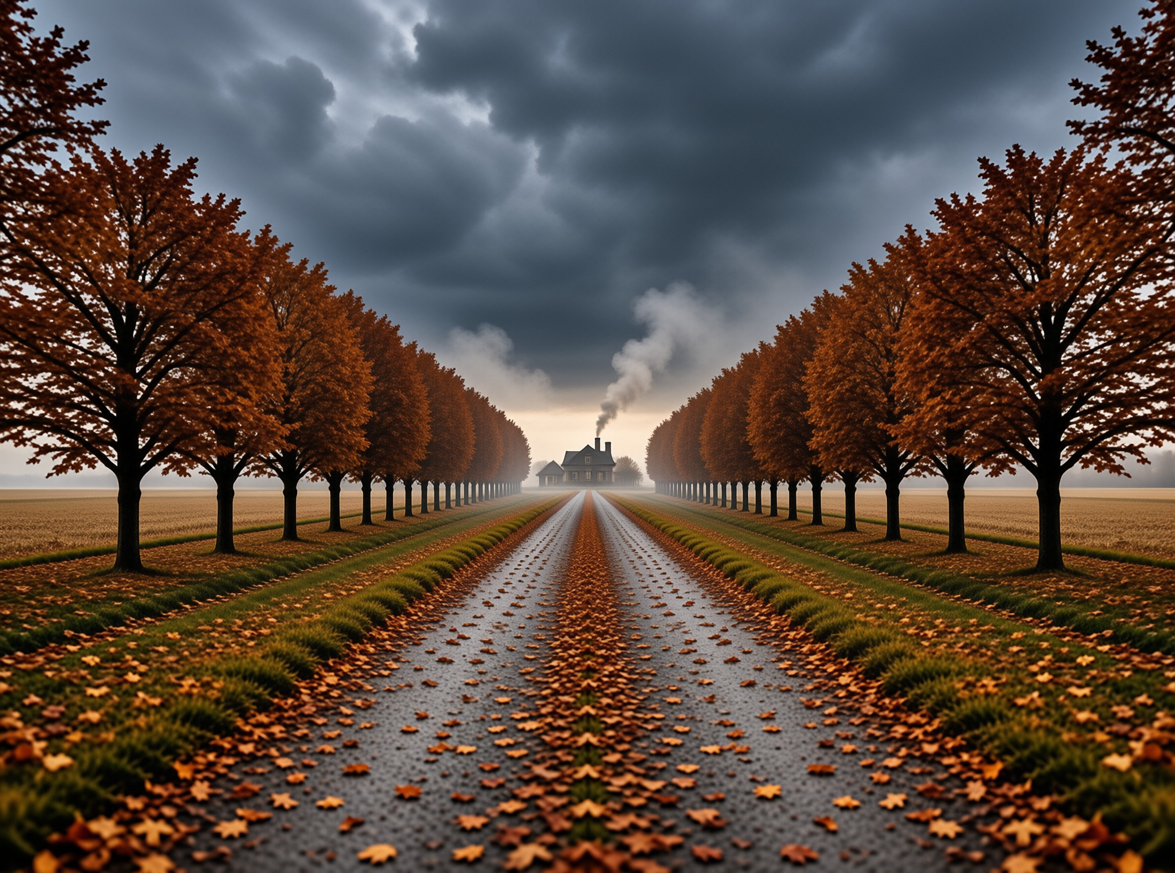 A wet road stretches between rows of orange autumn trees leading to a distant house under a stormy sky.