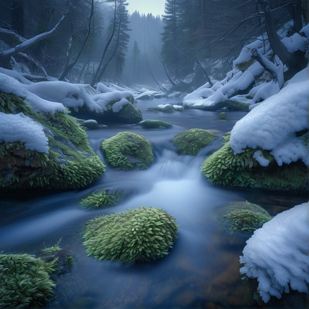 Snowy Moss Forest Stream