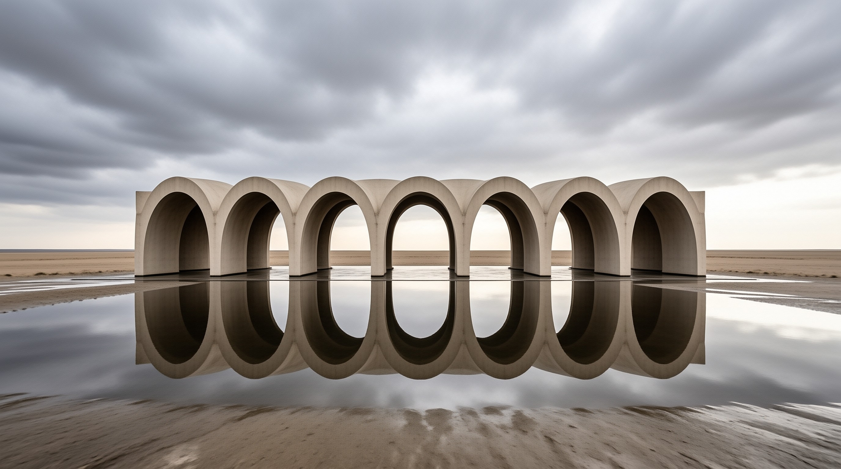 A minimalist concrete structure with circular arches reflects in still water on a flat plain under cloudy skies.