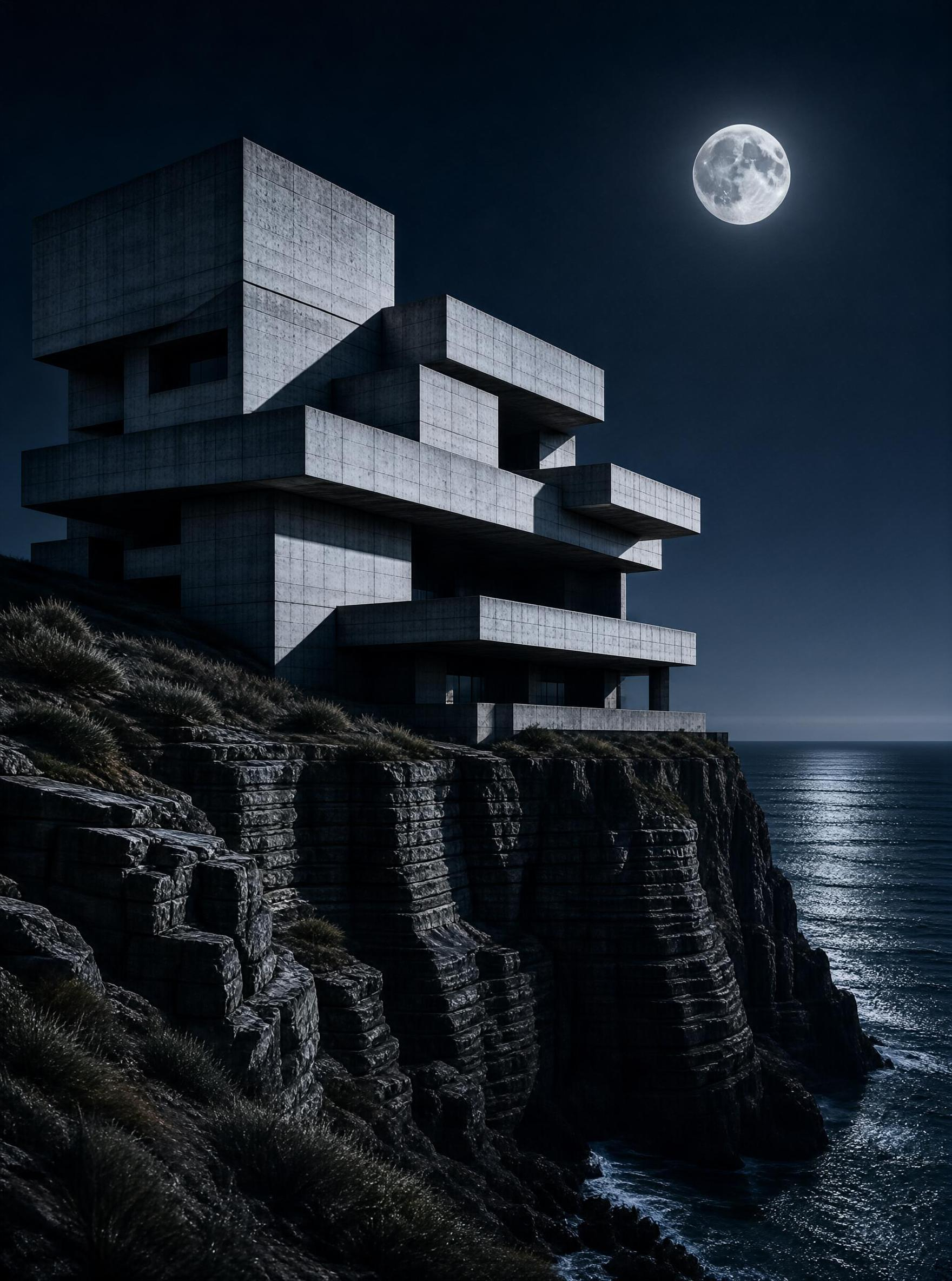 Moonlit Brutalist House on a Cliff