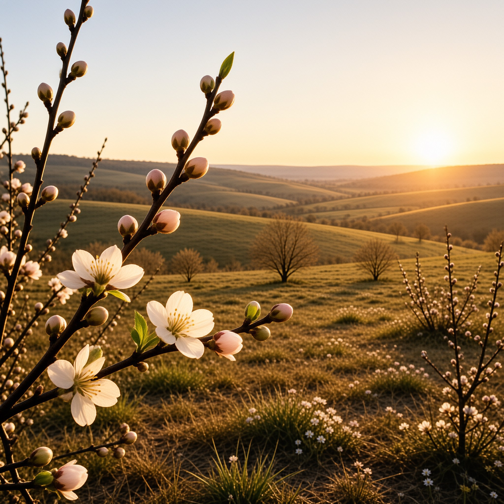 White flowering branches frame a view of rolling green hills bathed in warm sunset light.