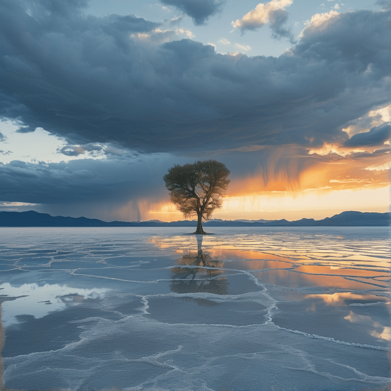 A solitary tree stands centered on a cracked salt flat reflecting the warm orange glow of a stormy sunset sky.