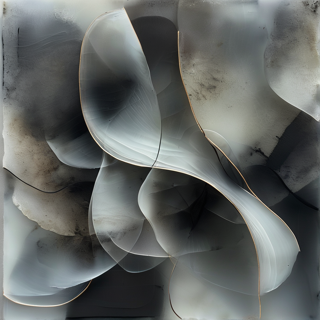 Soft translucent ribbons curl across a mottled grey ink-wash field, each edge traced with a thin line of gold.