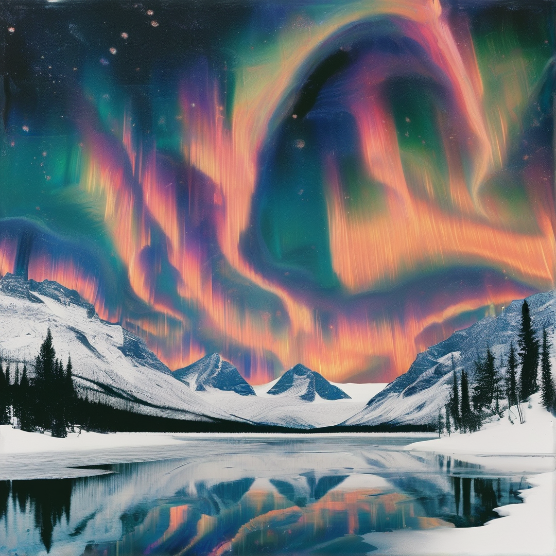 Green and pink aurora curtains ripple above a snowy mountain range with reflections in a calm frozen lake.