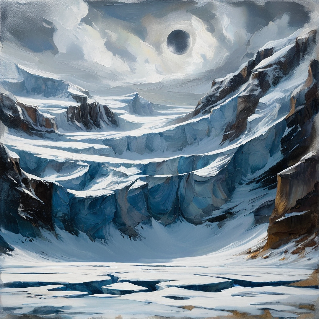 Painterly view of jagged snowy mountains and ice formations under a cloudy sky with a dark celestial body visible.
