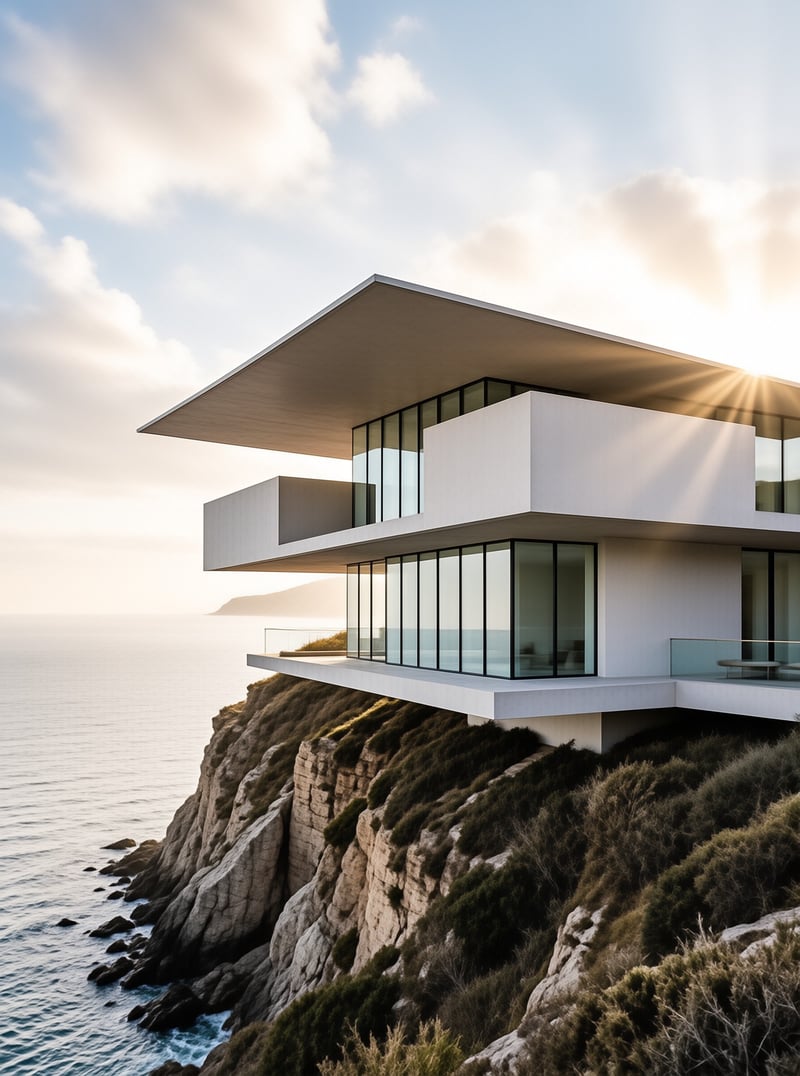 A modern white home rests on a rugged green cliff above the sea as sunlight flares behind its flat roof.