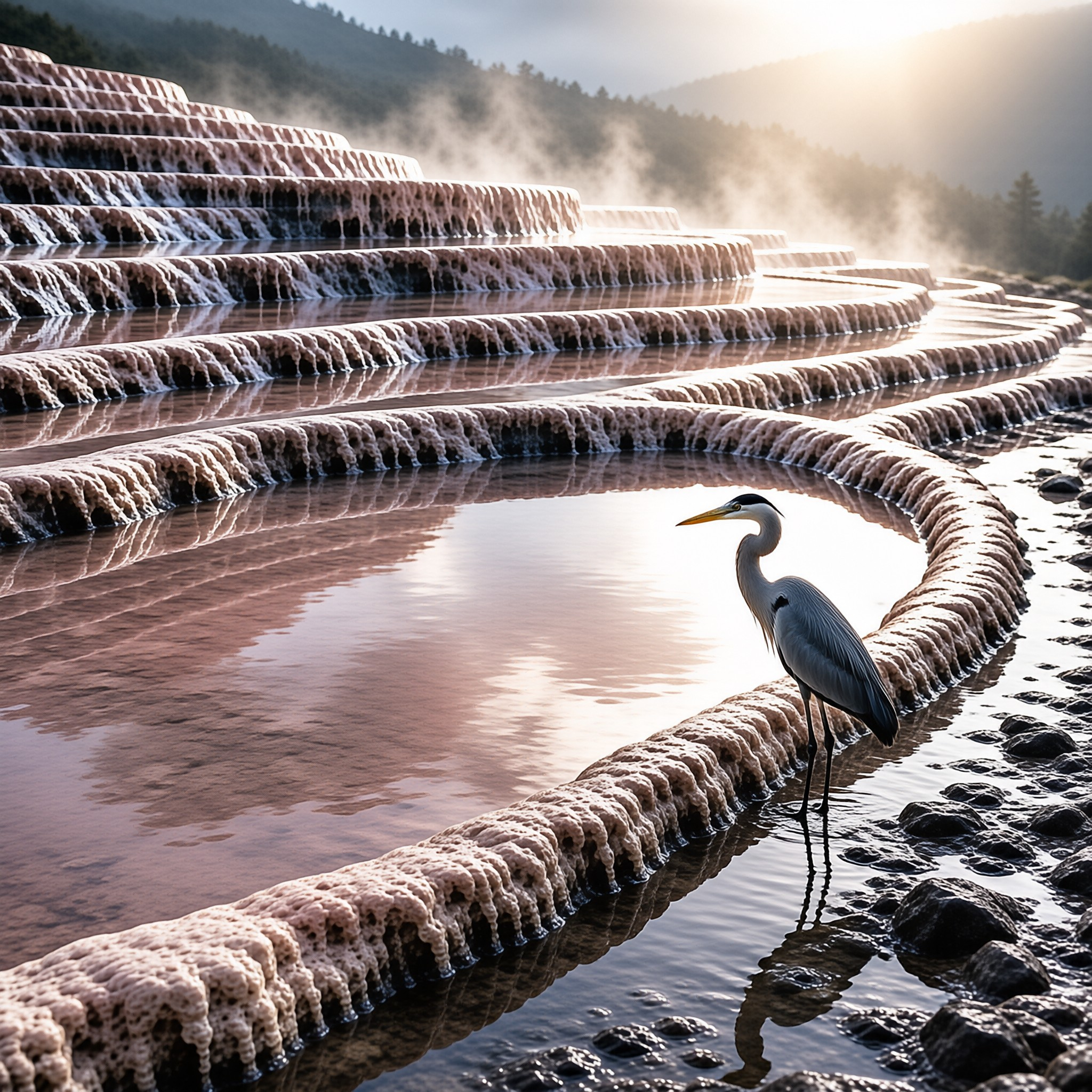 A slender heron wades along the rim of mineral terraces filled with warm water, backlit by morning mist