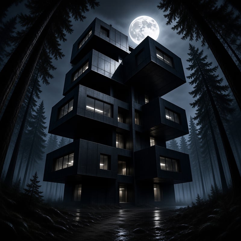 A dark modular building stands tall among pine trees with a large full moon shining behind it.