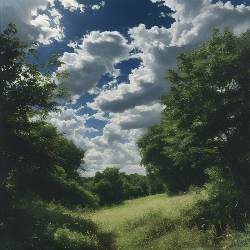 A view of a grassy path bordered by dense trees looking up at a blue sky filled with large puffy white clouds.