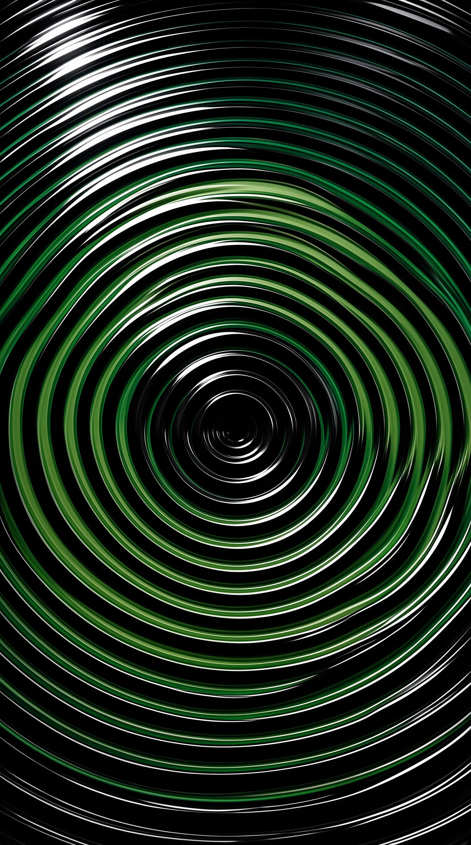 Radiating bands of emerald and white curve outward like ripples, their motion-blurred edges fading into deep black.
