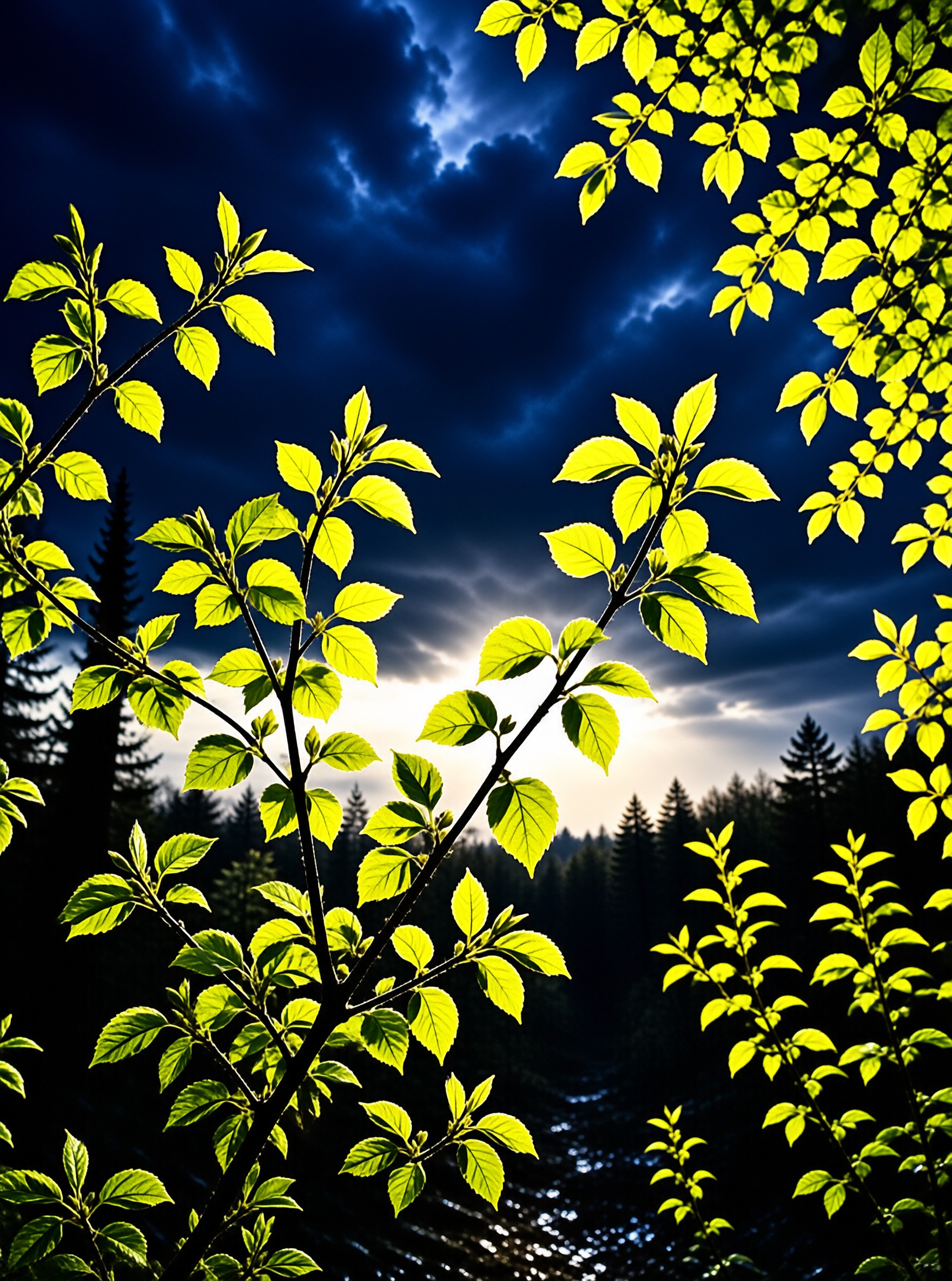 Bright young green leaves glow backlit against a heavy blue storm sky with sunlight breaking over a dark forest