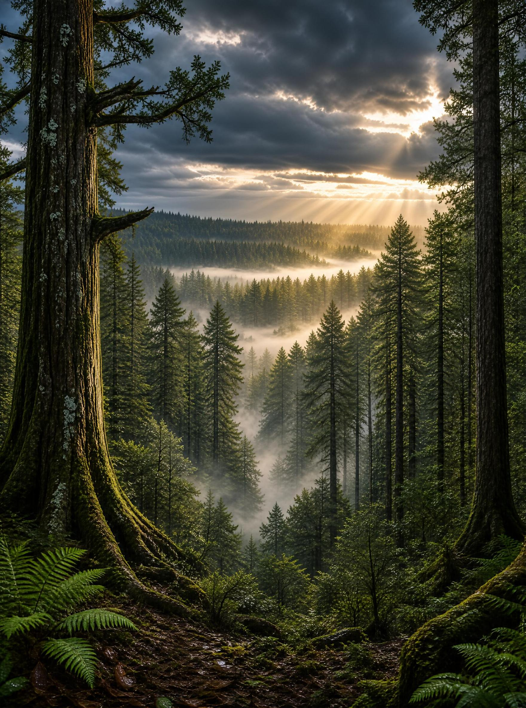 Sunlight in the Misty Forest