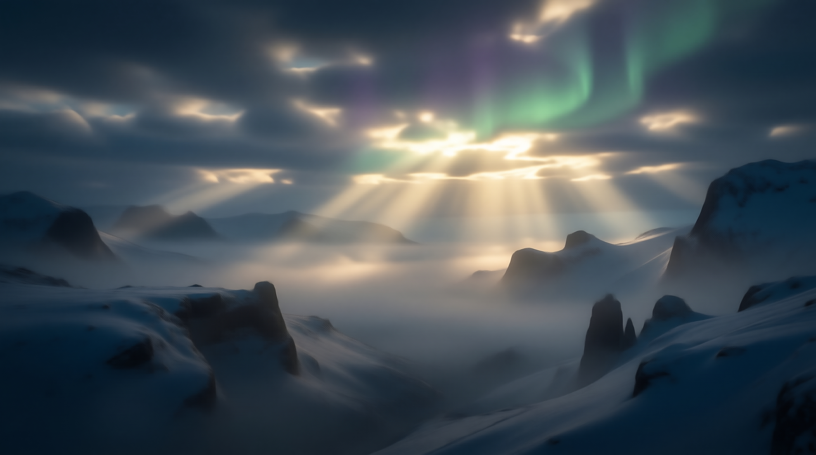 Arctic Aurora and Sunbeams Over Snowy Peaks