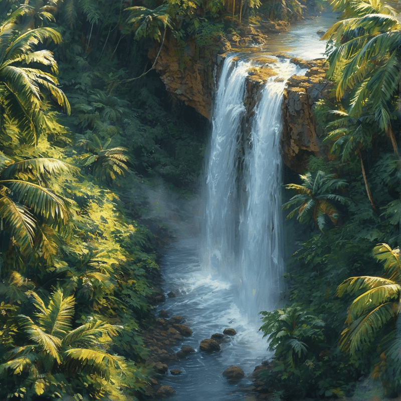 A powerful waterfall flows down a rocky cliff surrounded by dense palm trees and bright green foliage illuminated by sunlight.