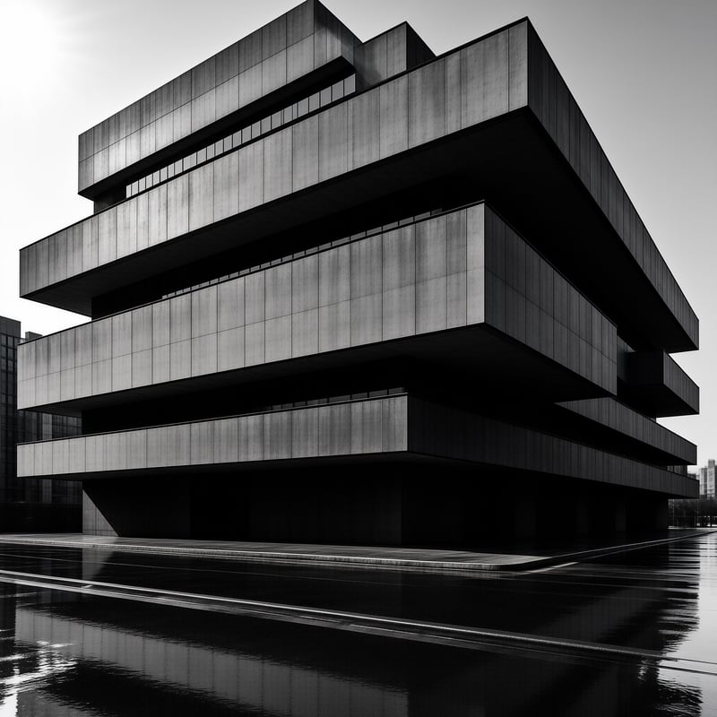 Tiered grey brutalist building stands over rain-slicked urban street with its reflection mirrored in wet asphalt below.