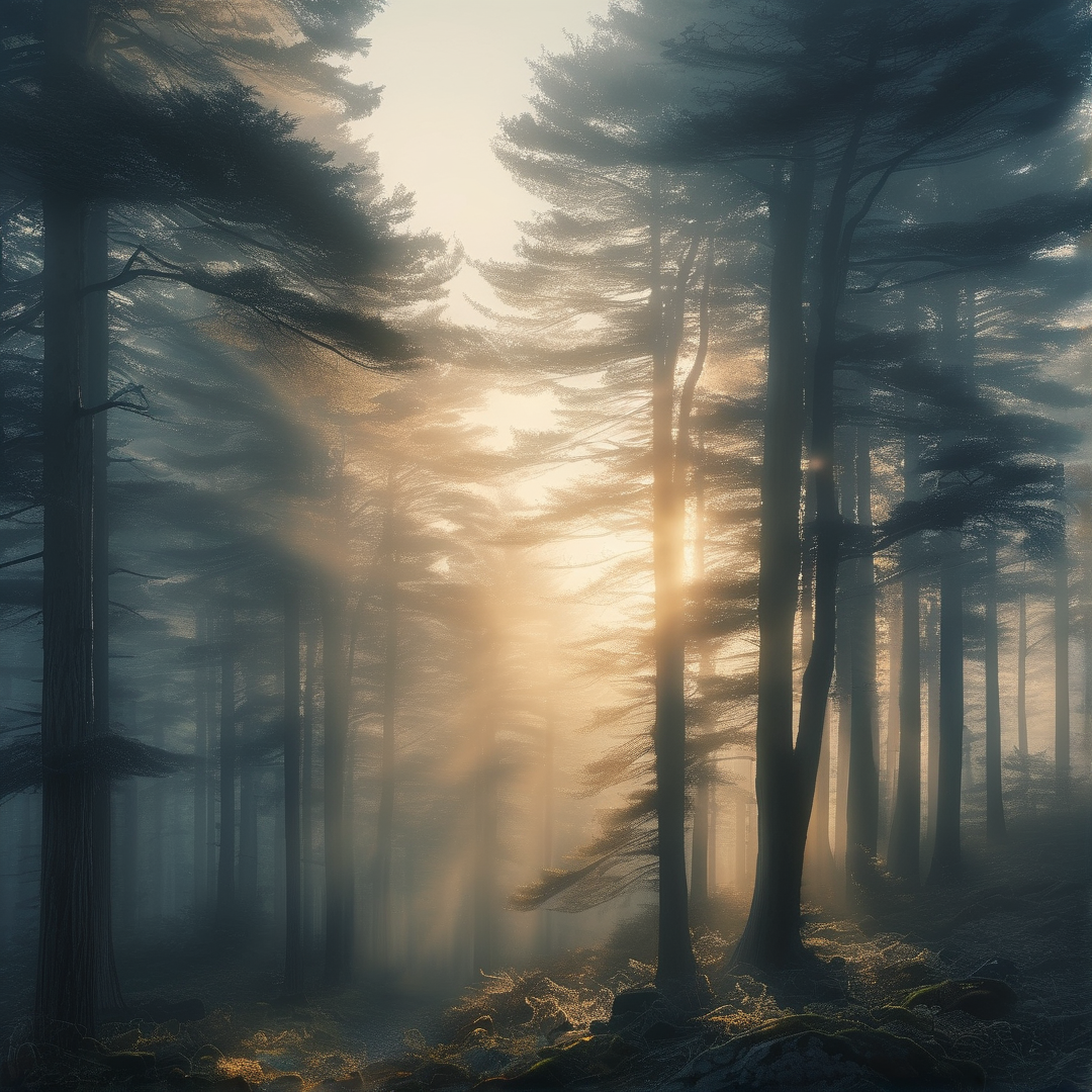 Misty Sunlit Pine Forest