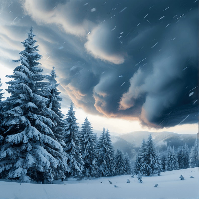 Snowy Forest Under Stormy Sky