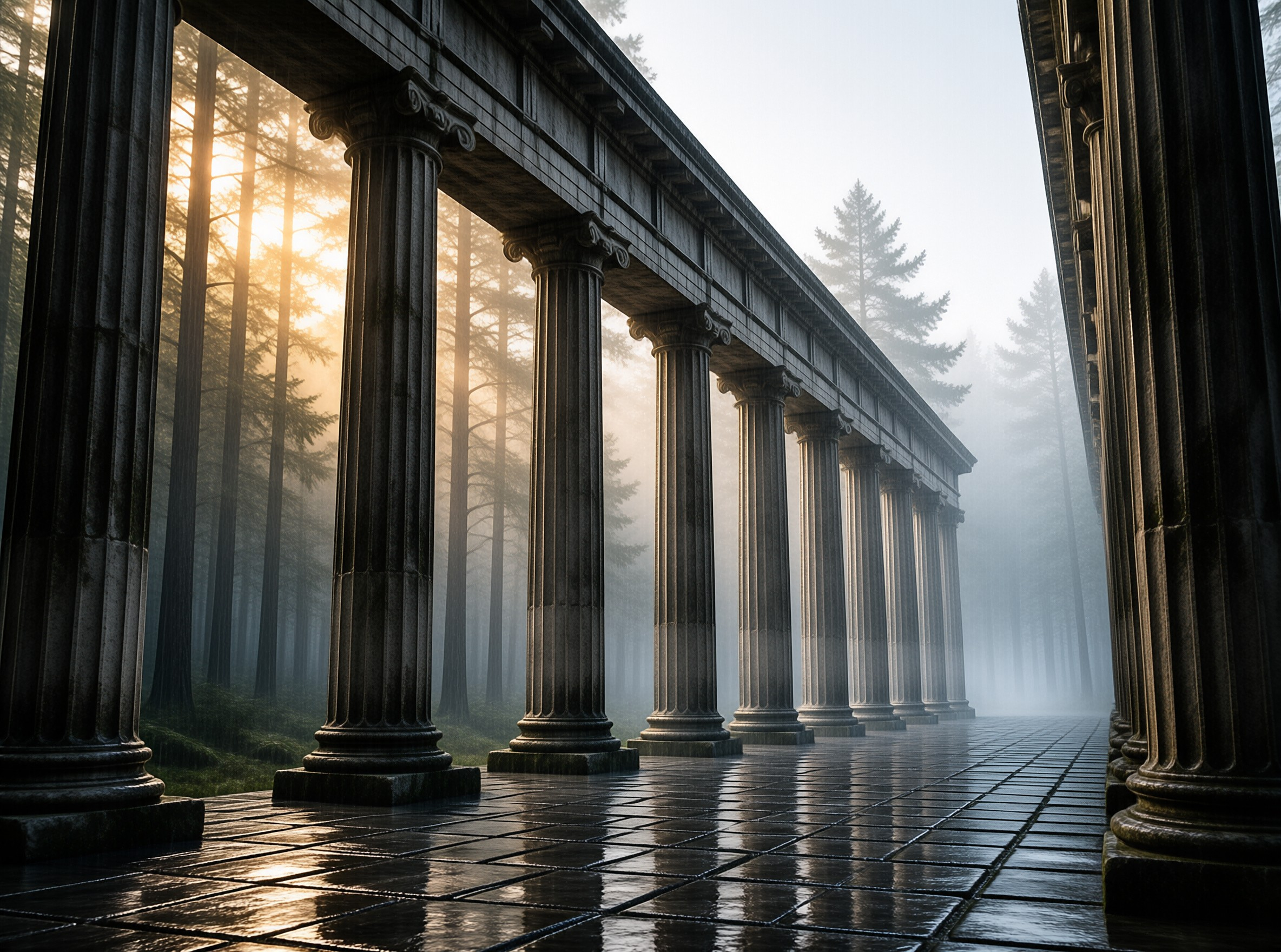 Weathered stone pillars stand in a foggy woodland where morning sun shines through trees onto wet pavement.