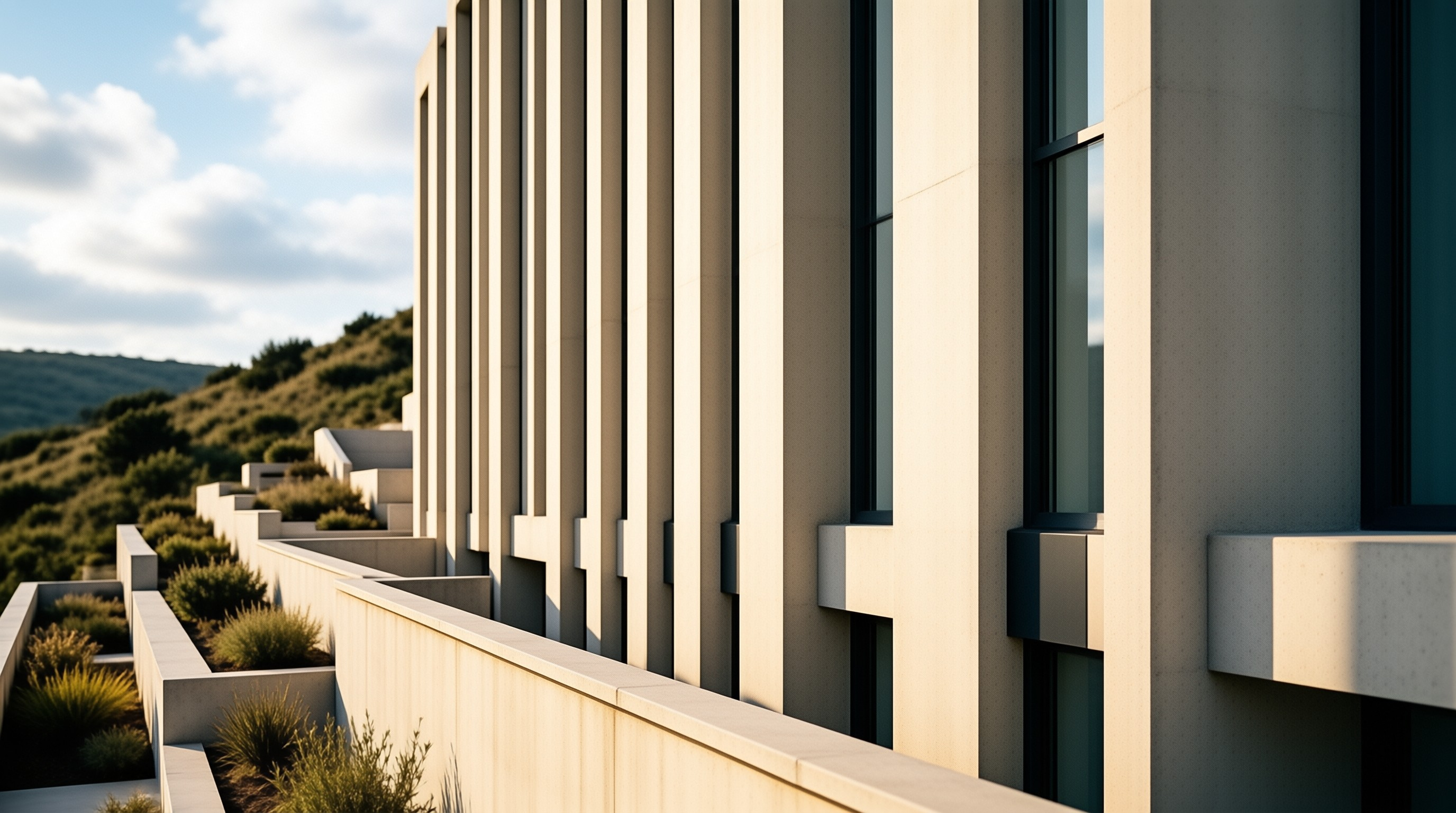 Beige structure displays tall vertical columns and dark windows beside a landscaped terrace with low green bushes.