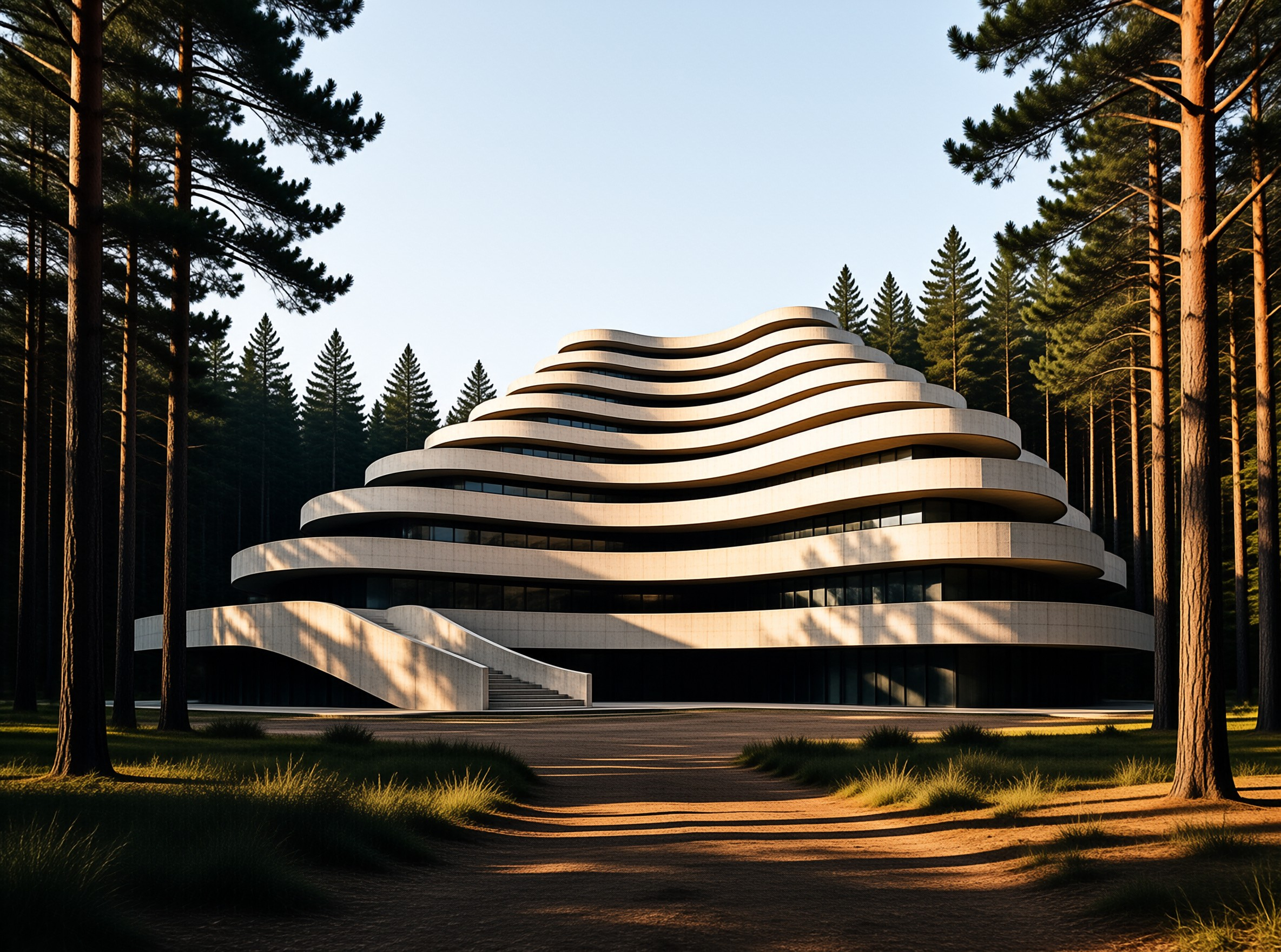 A sculptural white building with rippling stacked balconies stands in a sunlit pine forest clearing.