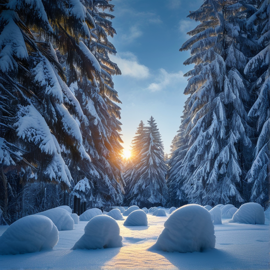 Golden Light in Snowy Pines