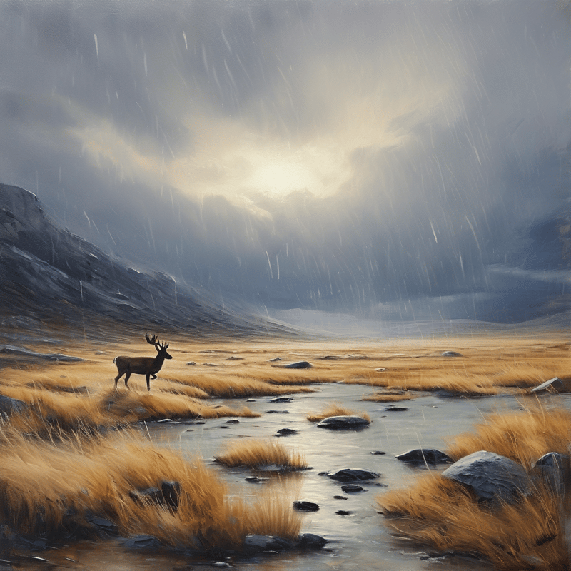 A lone stag stands on a grassy bank beside a shallow stream while heavy rain falls across a mountainous landscape illuminated by a break in the cloudy sky.