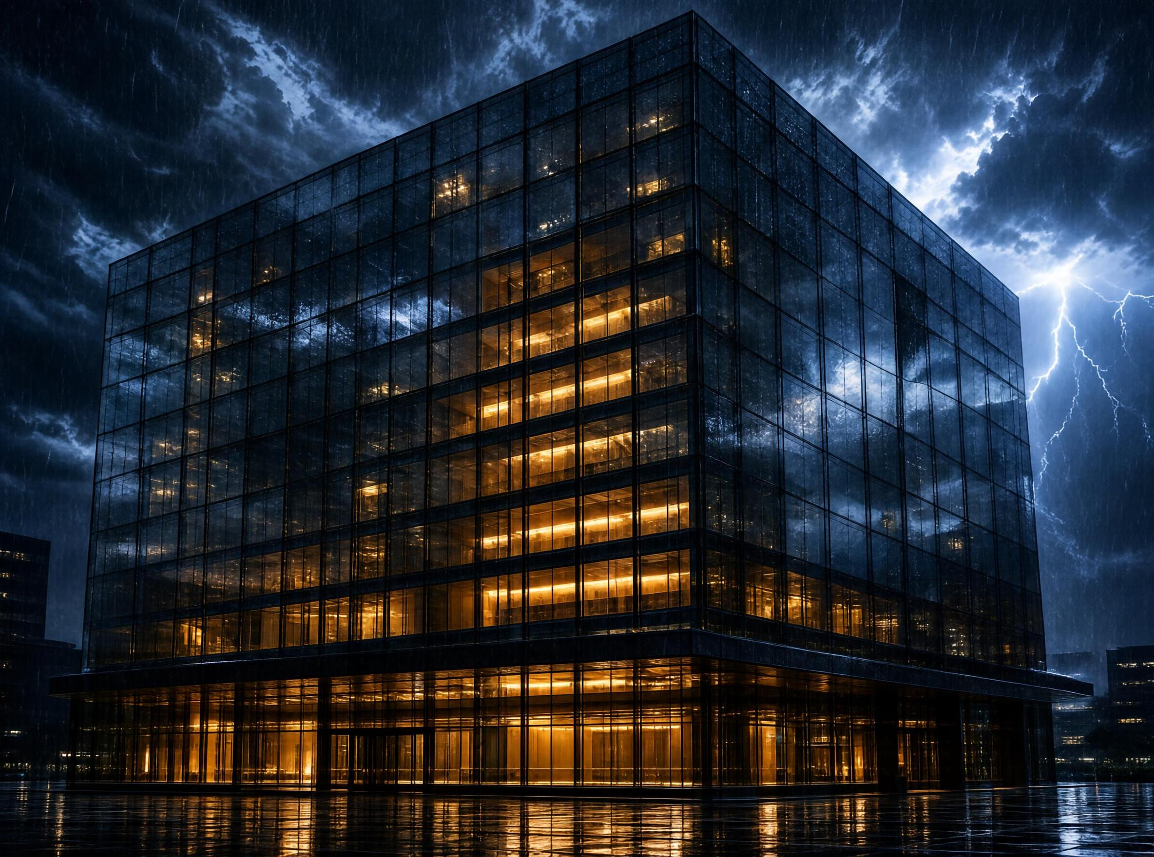 Modern Glass Building Under Storm
