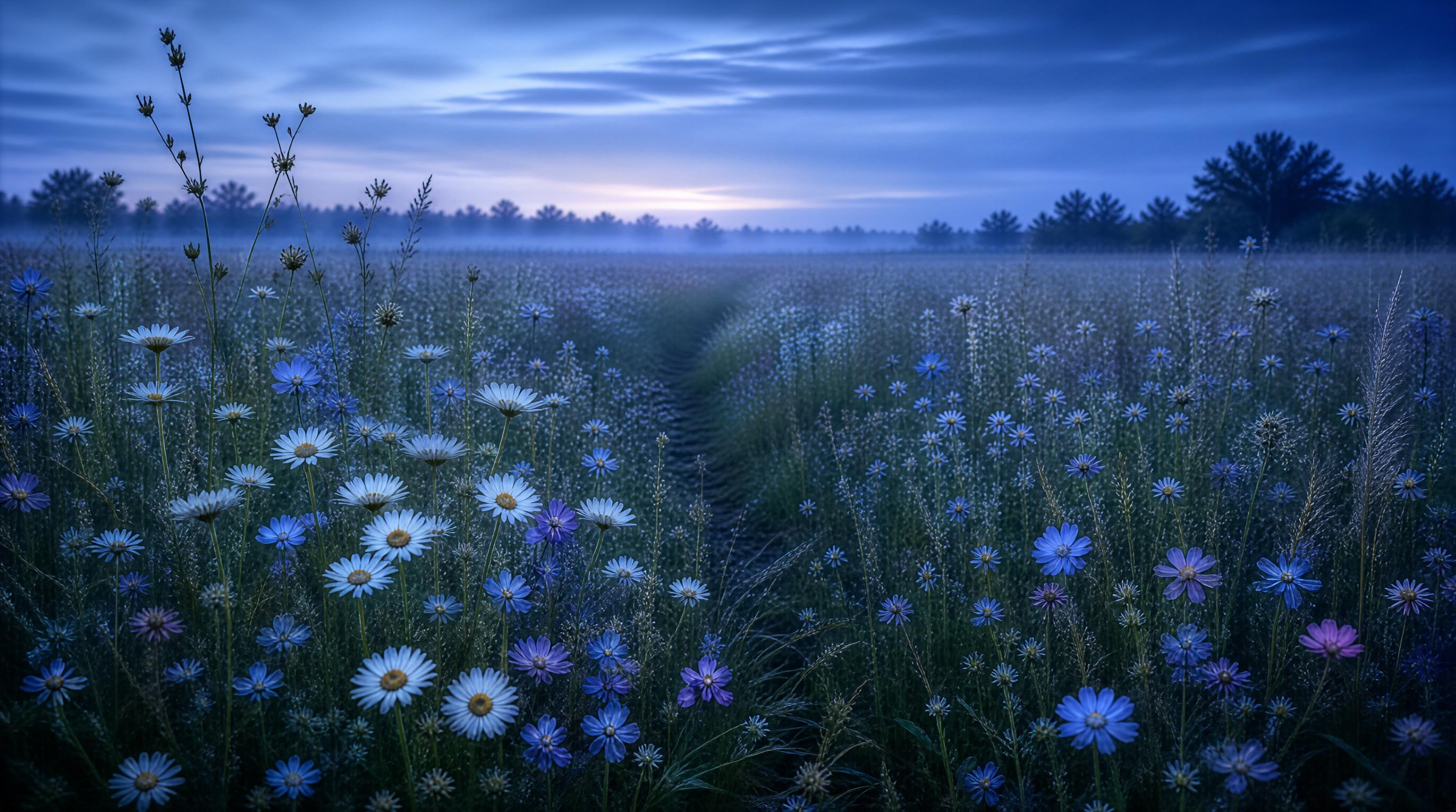 Misty Flower Field at Dusk