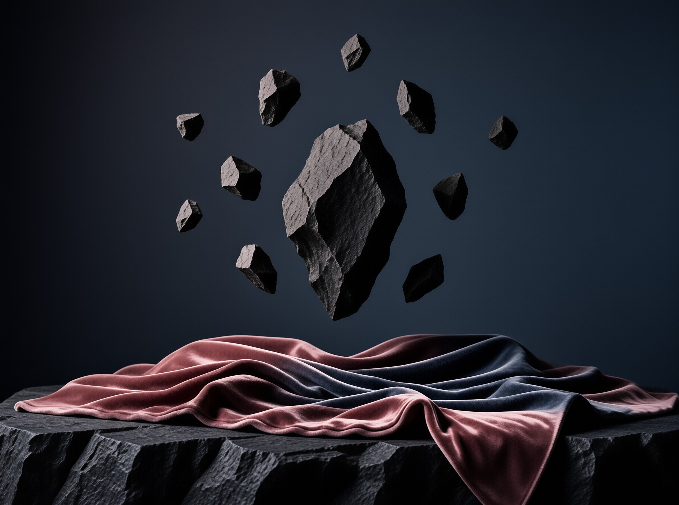 Jagged dark rocks hover above a pink velvet cloth draped over a rough stone platform in a dark studio setting.