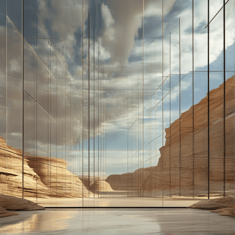 Slender glass panels and metal mullions enclose a polished floor that mirrors a sunlit canyon of layered rock.