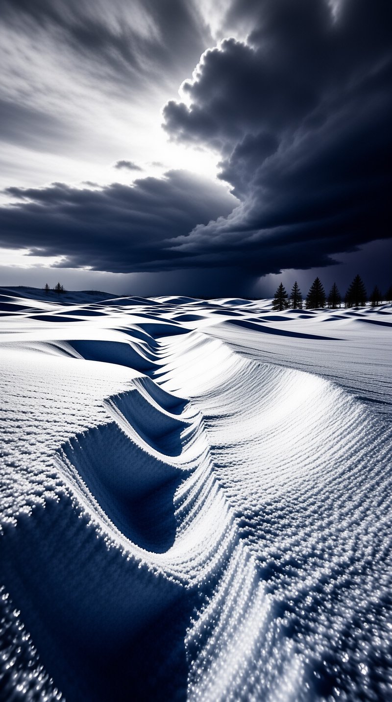 Snowy hills roll across a frozen field under dark clouds that part to reveal sunlight above a line of distant trees.