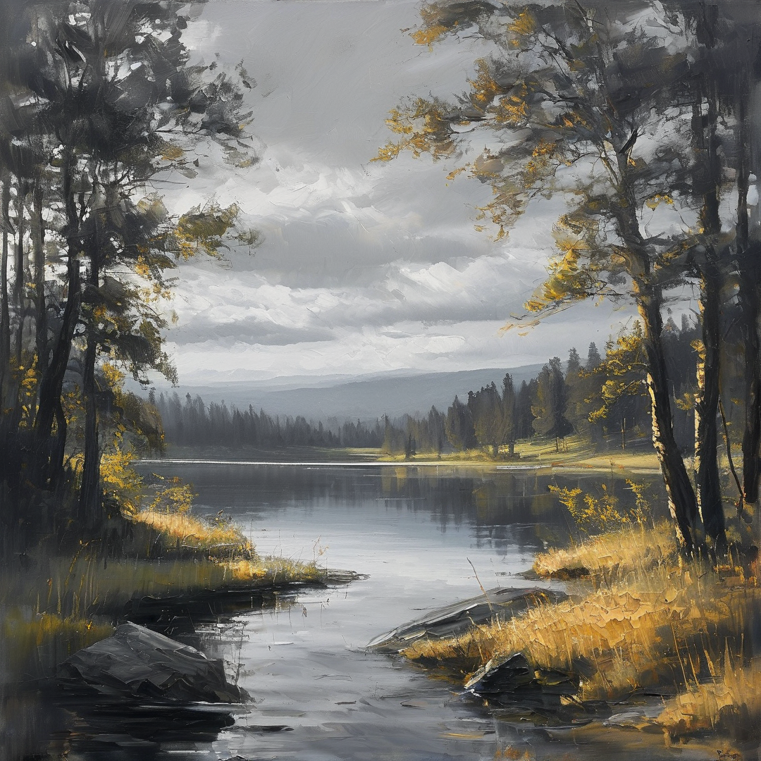 A painted landscape shows a calm lake surrounded by trees with yellow foliage under a cloudy grey sky.