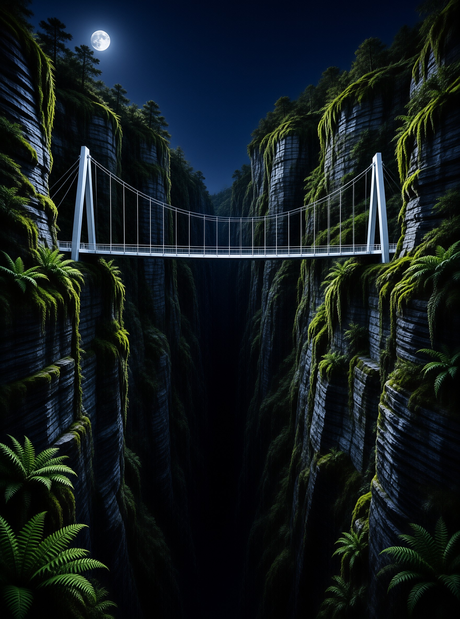 A white suspension bridge stretches across a steep moss-covered canyon while a full moon illuminates the dark night sky above the cliffs.