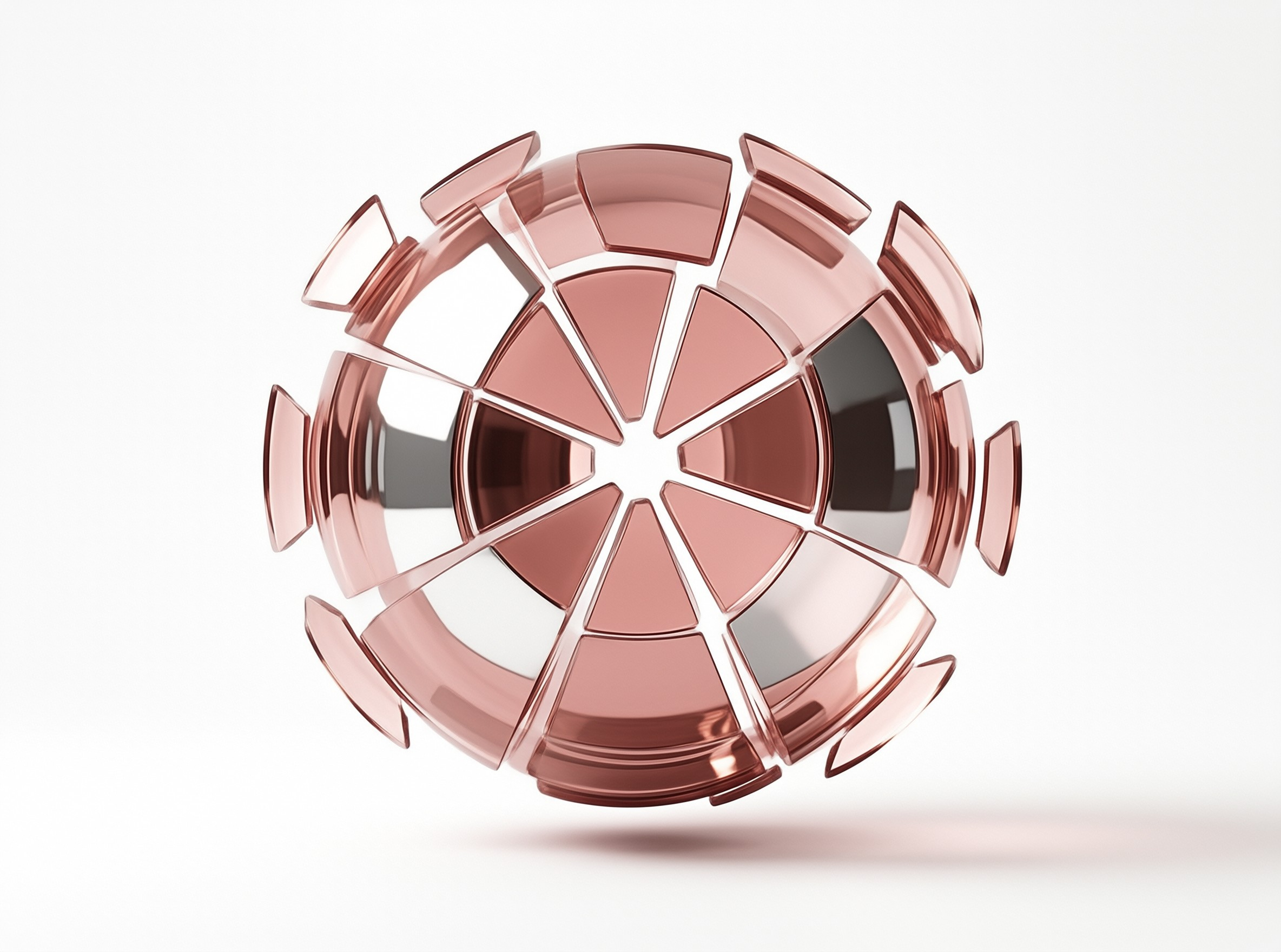 Rose gold segmented spherical object floats over blank white background, casting a soft shadow under its faceted outer layers.