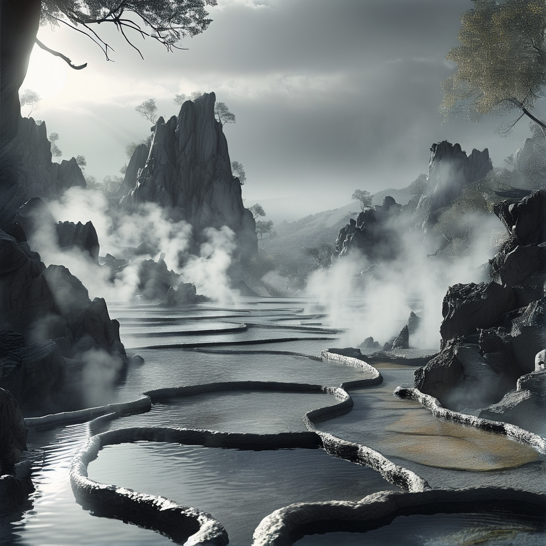 Steaming terraced mineral pools wind between jagged grey spires beneath heavy clouds in an ink-toned mountain valley.