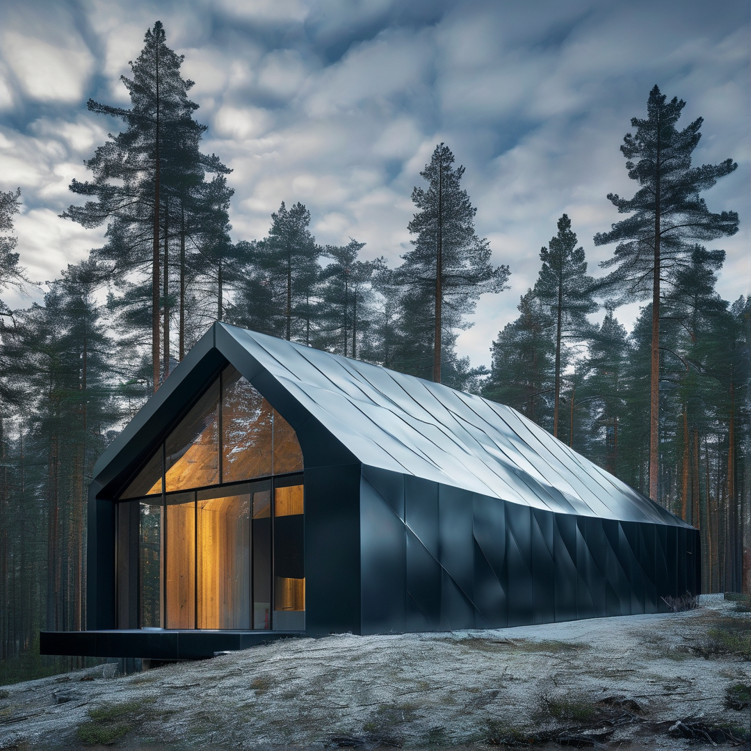 A sleek black structure with large glass windows stands among tall evergreen trees under a cloudy sky.