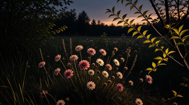Pink and white blooms stand tall in a grassy field while a leafy branch frames the right side during dusk.