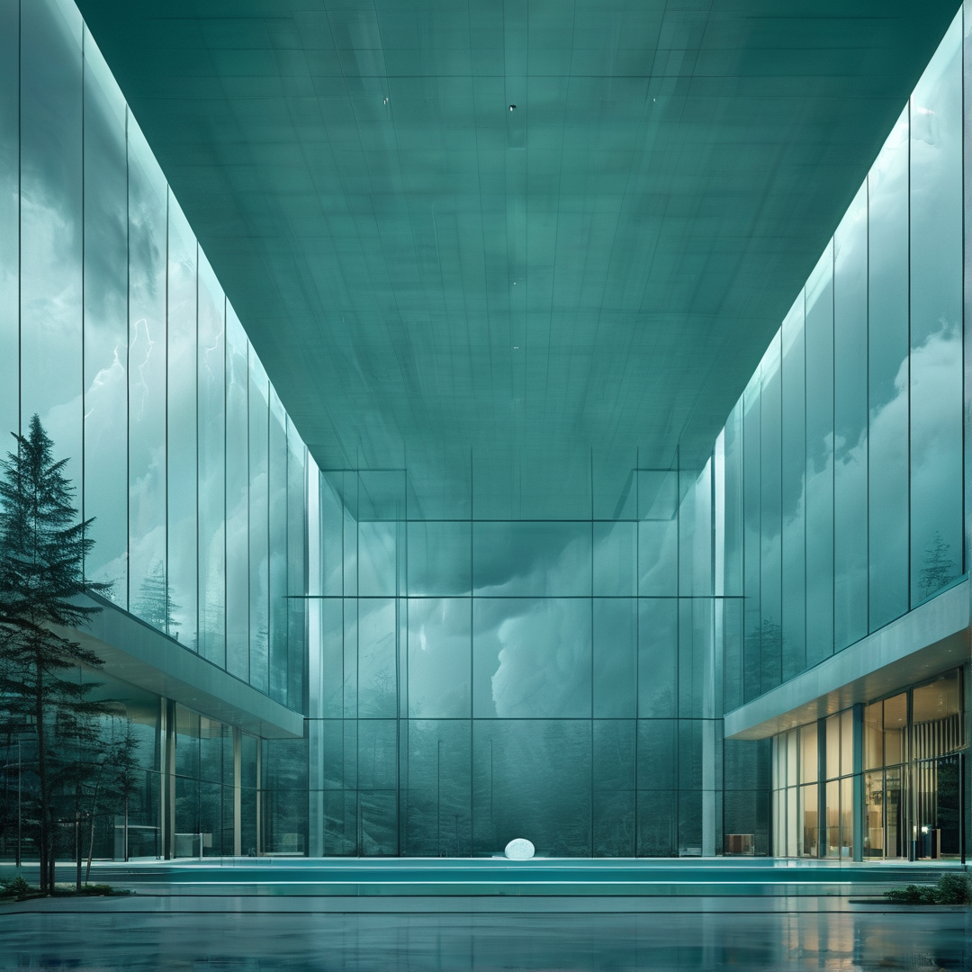 A large all-glass pavilion with a flat reflective foreground pool mirrors dark storm clouds and distant pine forests in cool cyan tones.