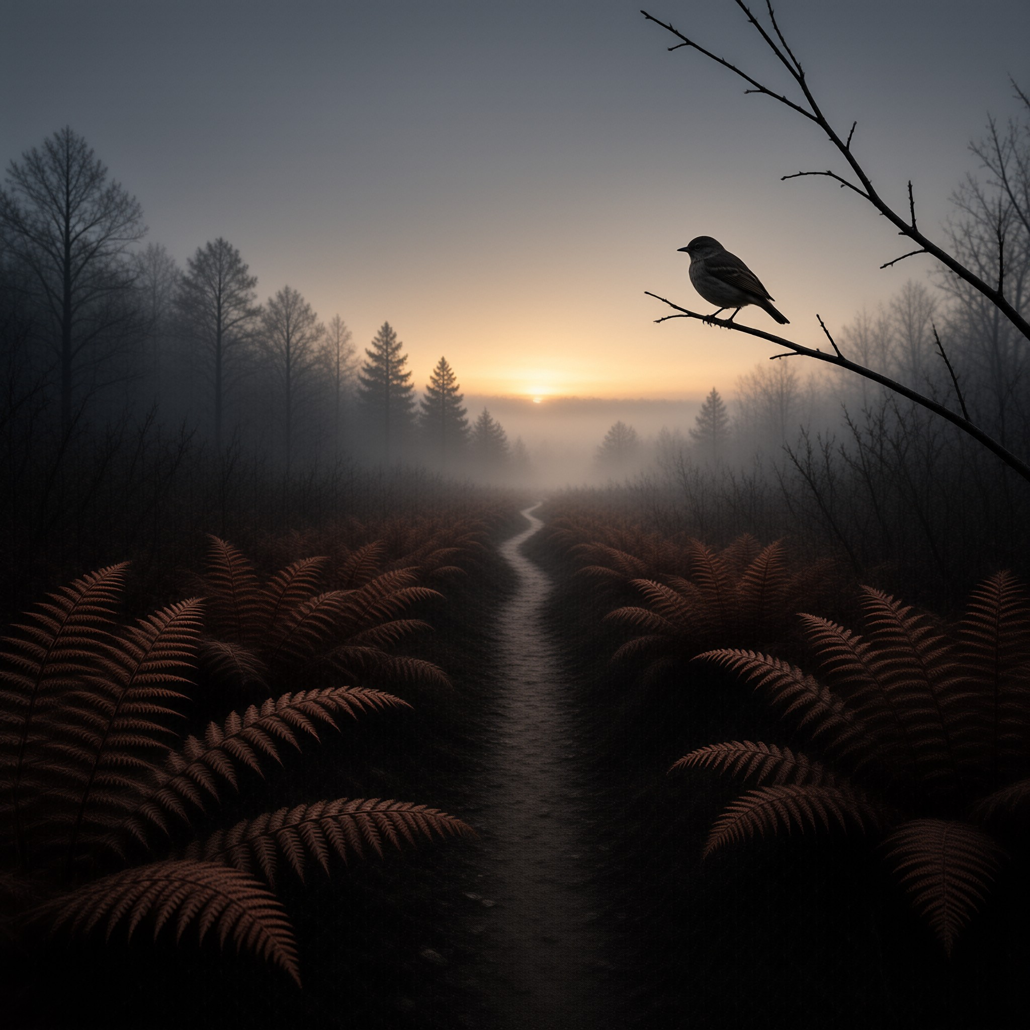 A small bird rests on a bare limb while fog drifts across a winding path through rust ferns.