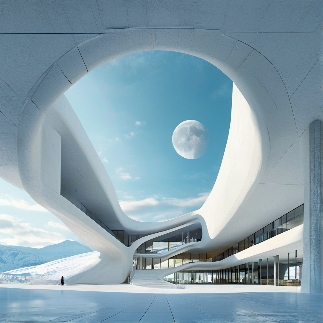 A futuristic white structure with organic curves stands against a bright sky featuring a large moon and distant mountains.