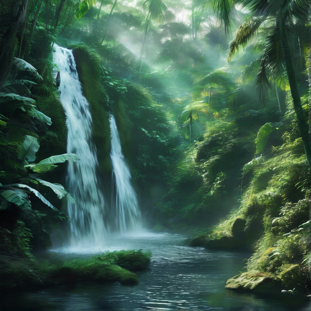 Sunlit Jungle Waterfall