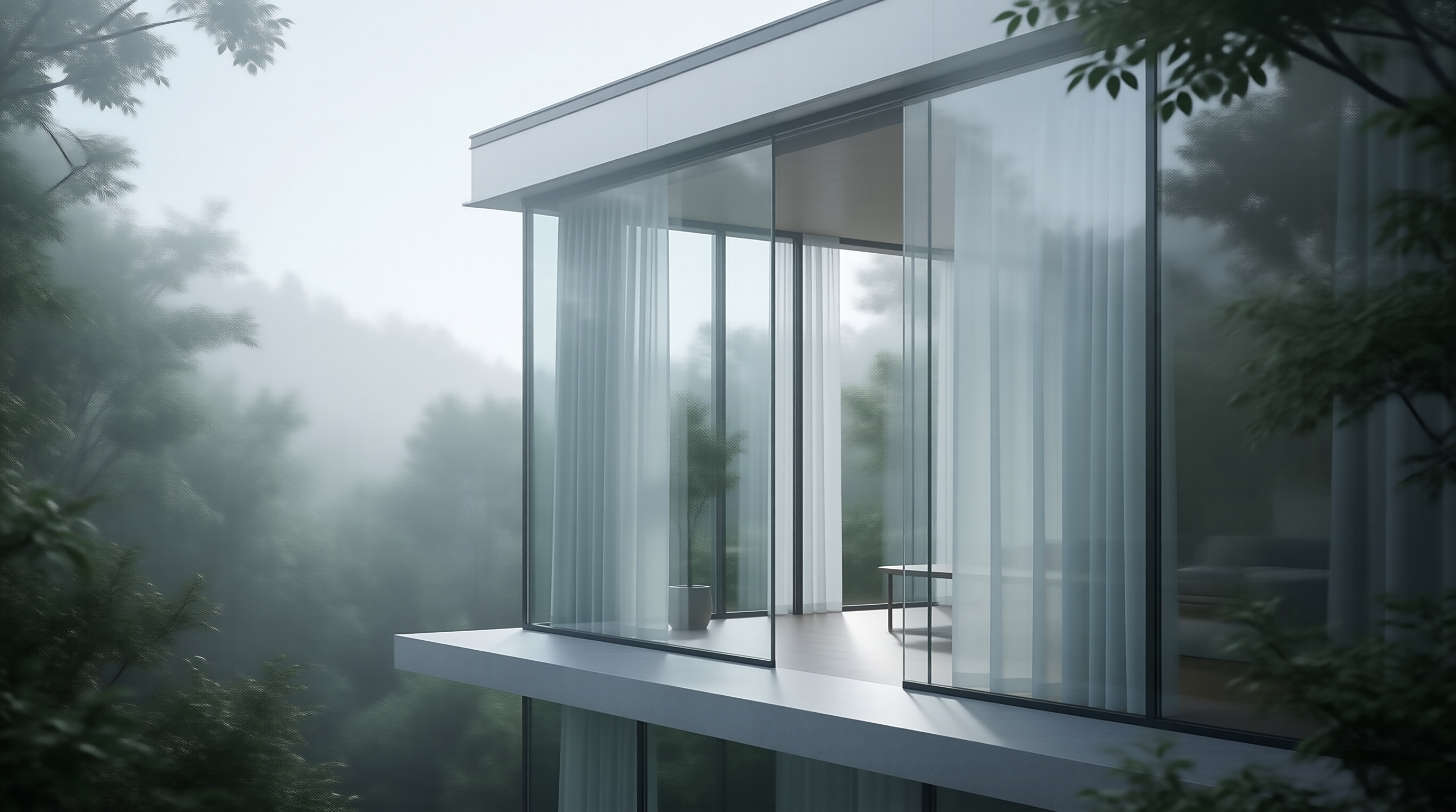 Glass House in Misty Forest