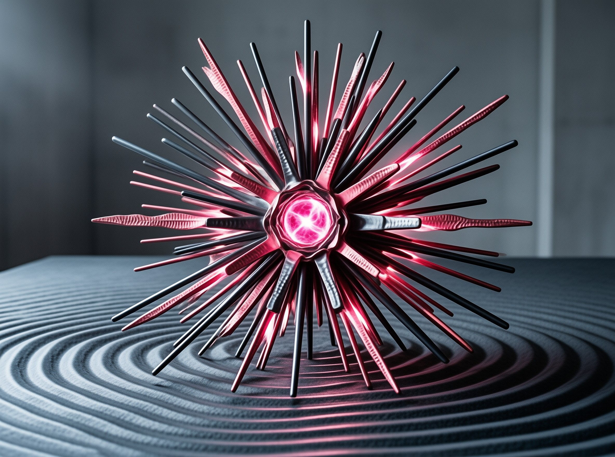A spiky 3d sculpture of crimson and chrome rods bursts outward from a luminous pink central orb.