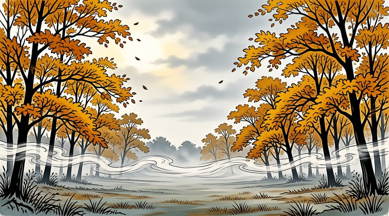 Stylized autumn trees with orange leaves frame a misty grey path under an overcast sky with swirling wind lines.