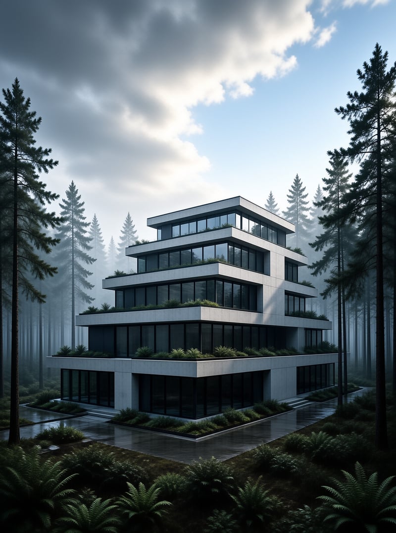 A tiered concrete residence with floor-to-ceiling glass windows sits surrounded by misty evergreen trees under a cloudy soft dusk sky