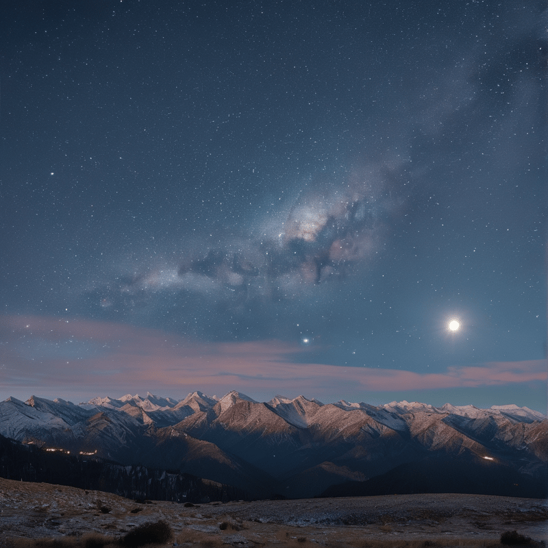 A brilliant moon shines while the Milky Way arches over dark mountains topped with white snow and distant valley lights.