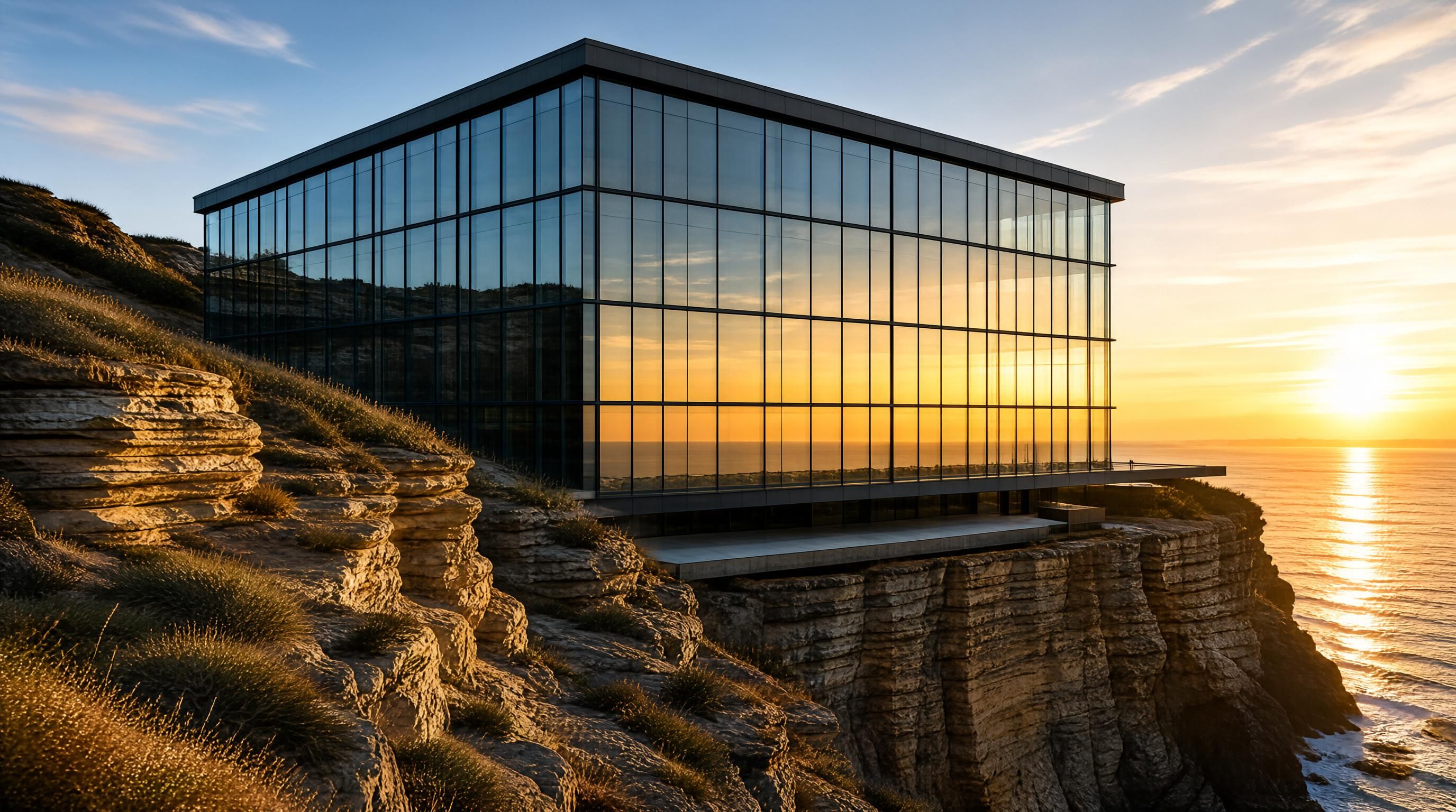 Modern Glass Building on Cliff at Sunset