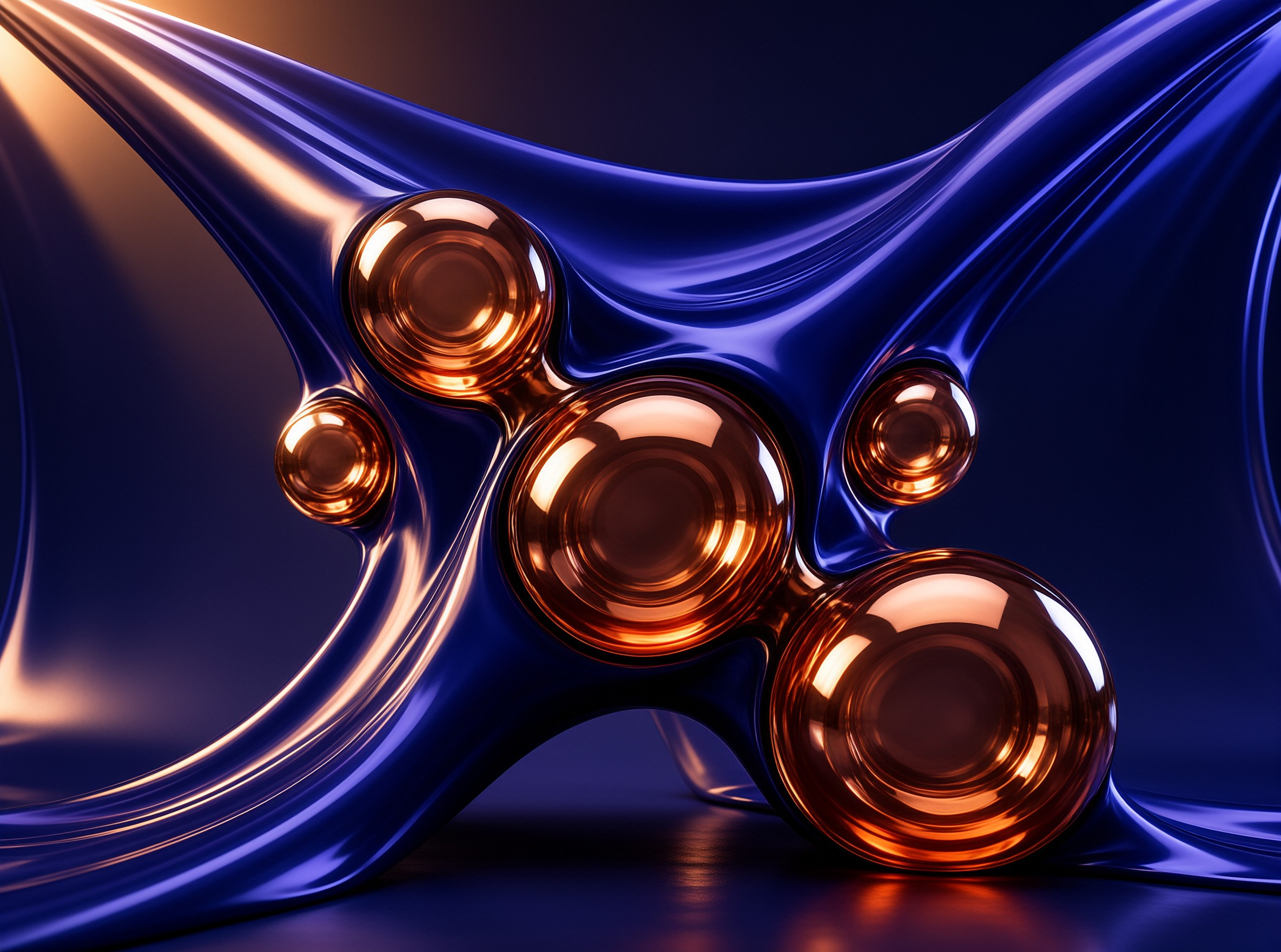 Glossy blue metallic ribbons curve around several polished copper spheres reflecting warm studio light.