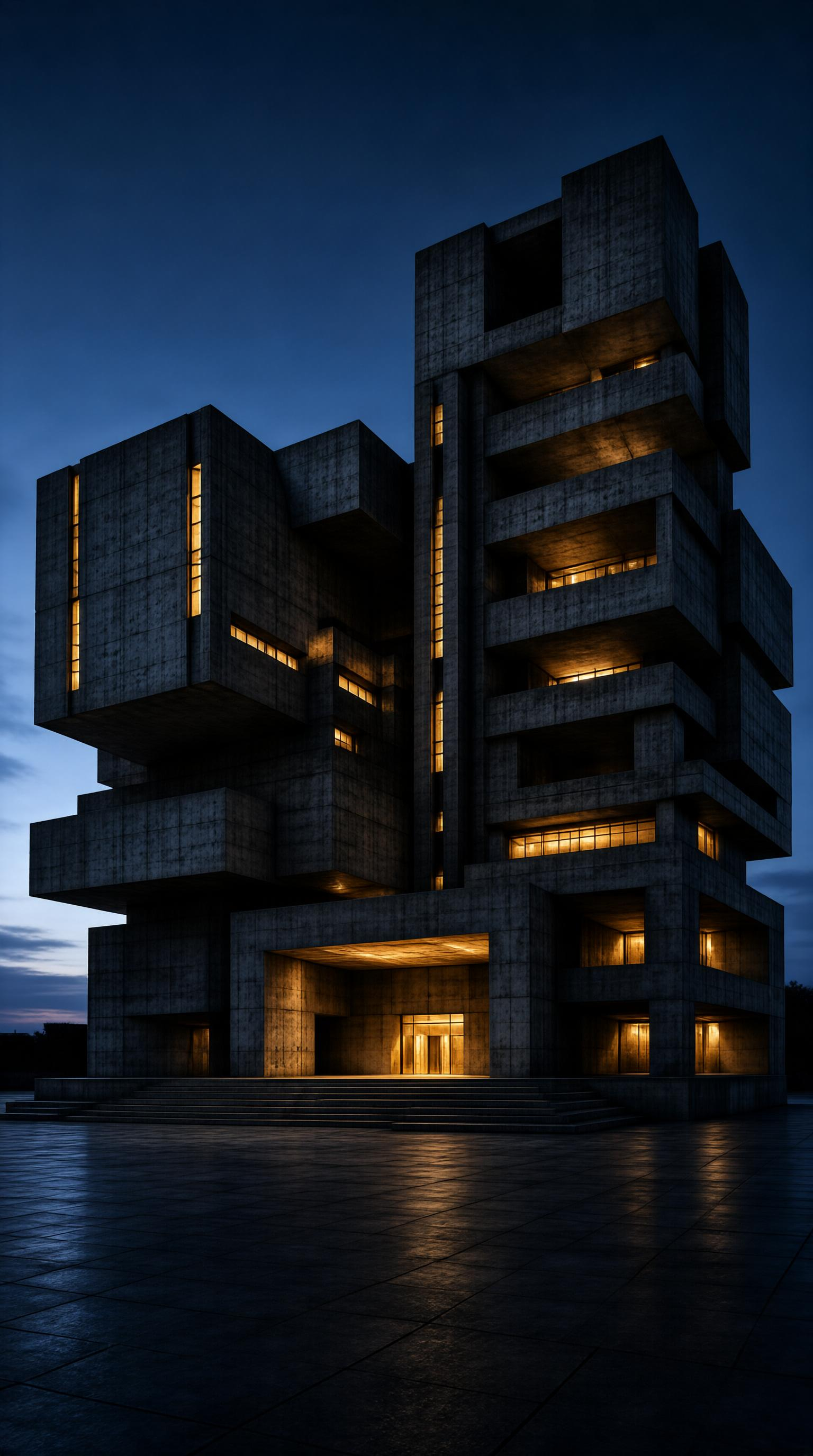 Modernist Concrete Building at Night